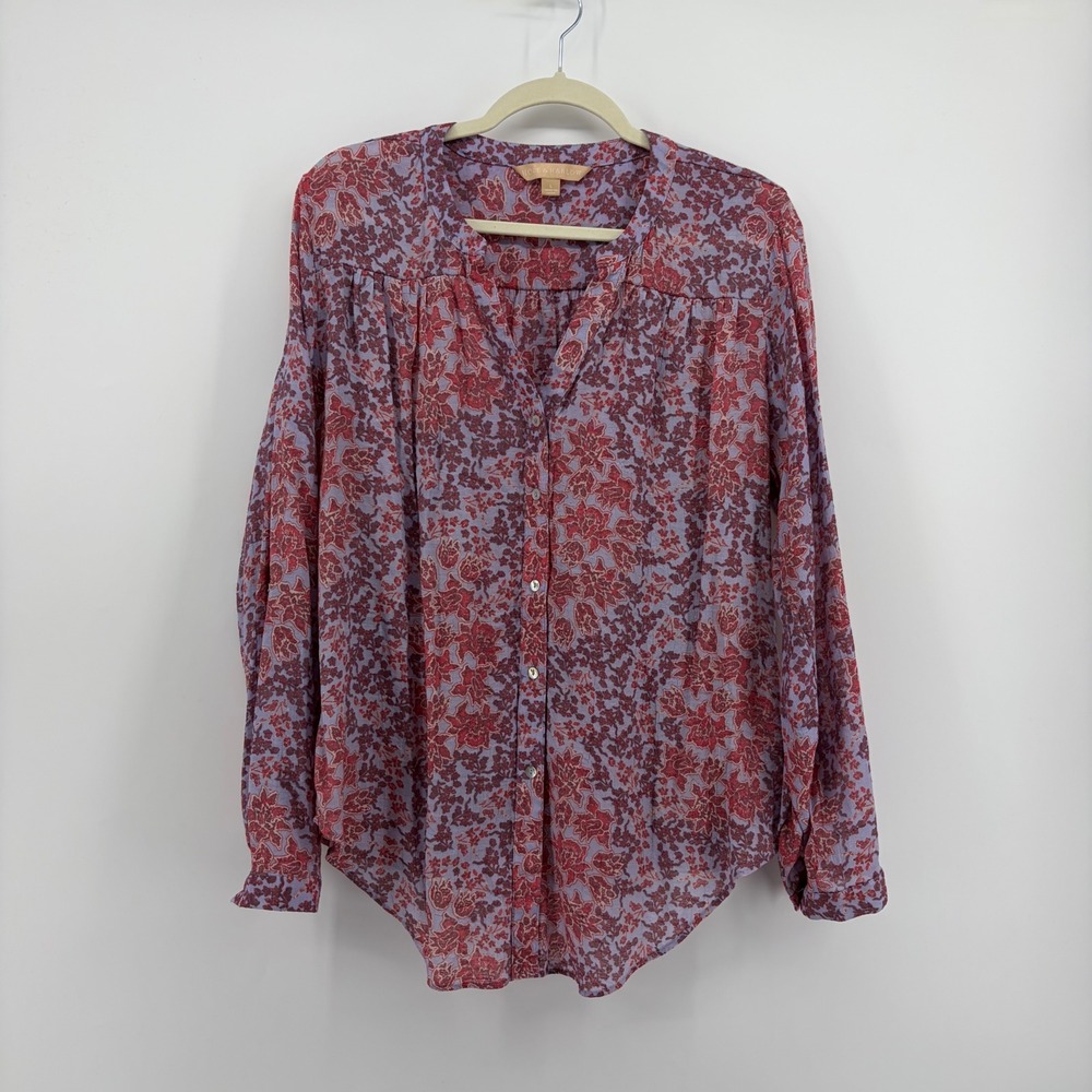 Hope & Harlow Womens Large Purple Floral Blouse Long Sleeve Button Front Top